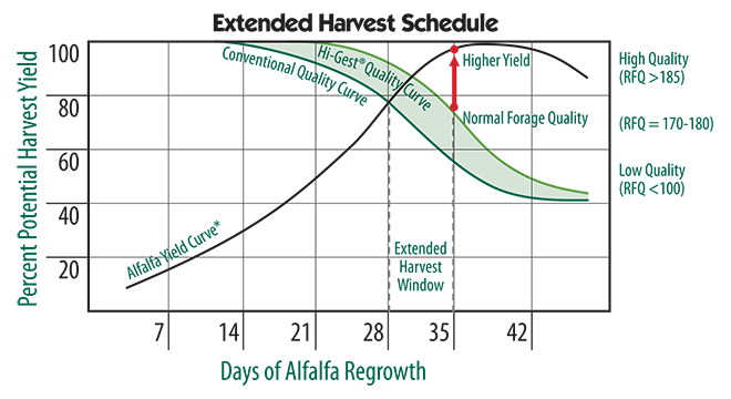 Extended harvest schedule for Hi-Gest alfalfa technology varieties